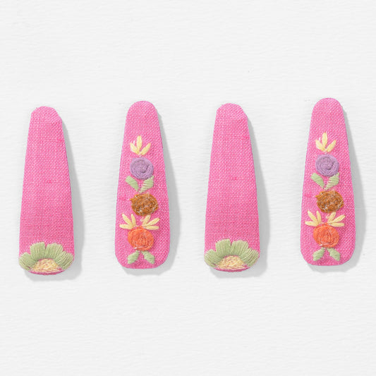Pink Flora Embroidered Hair Clips - Set of 4