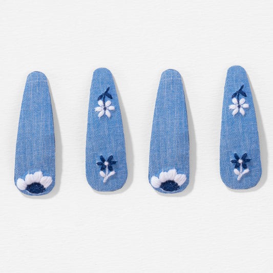 Blue Flora Embroidered Hair Clips - Set of 4