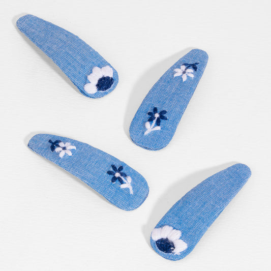 Blue Flora Embroidered Hair Clips - Set of 4