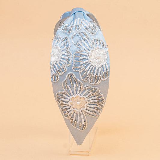 Fita de cabelo com nó e detalhes florais - Azul