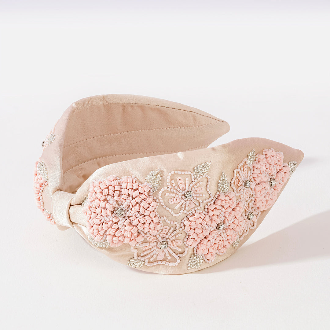 Fita de cabelo com nó e detalhes de peónia - Rosa