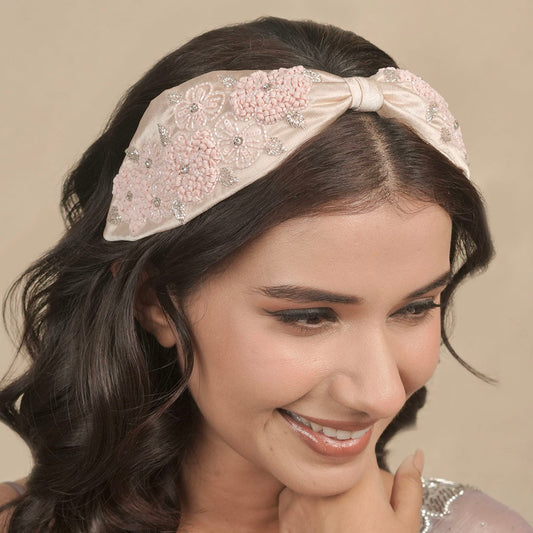 Fita de cabelo com nó e detalhes de peónia - Rosa