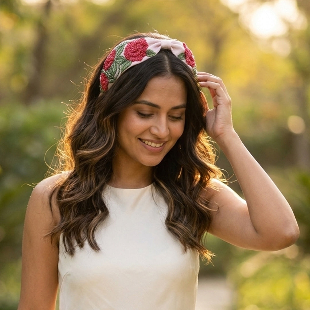 Structured embroidered headband for thick and fine hair - rose beadwork in pink and green tones