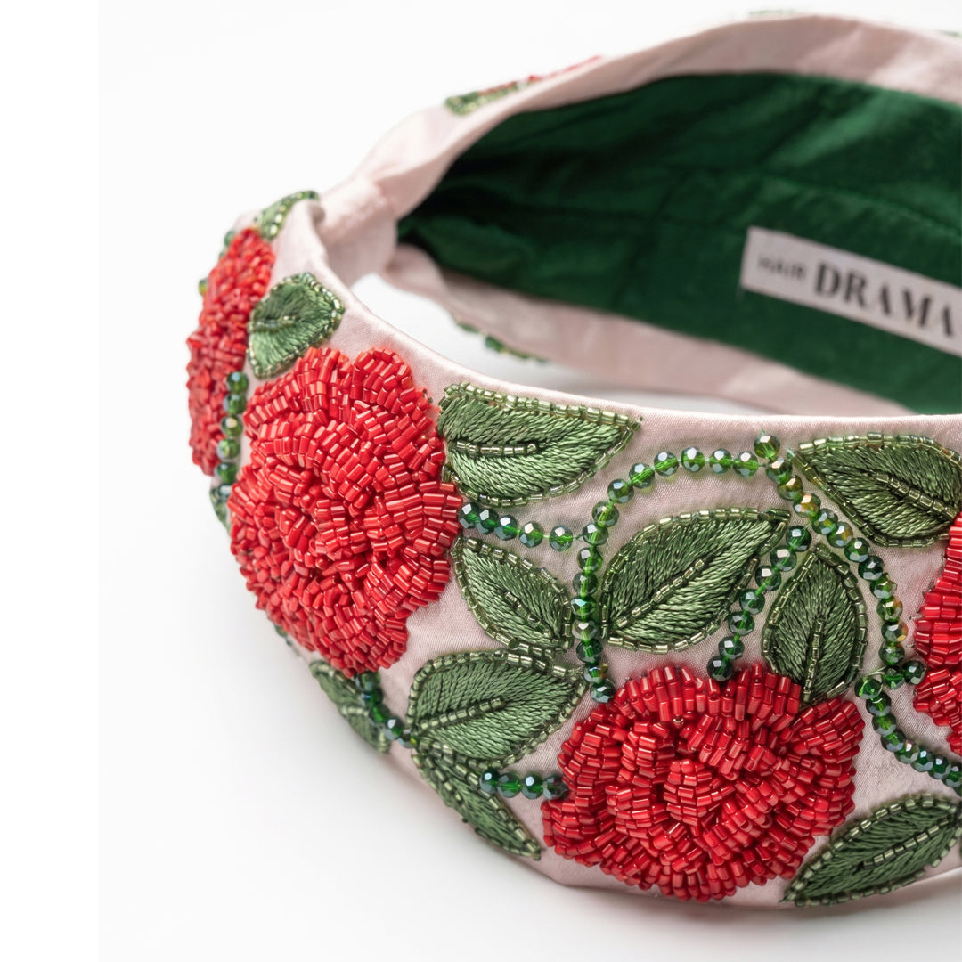 Floral rose headband styled for soft waves, sleek hair, and romantic updos - instantly elevated