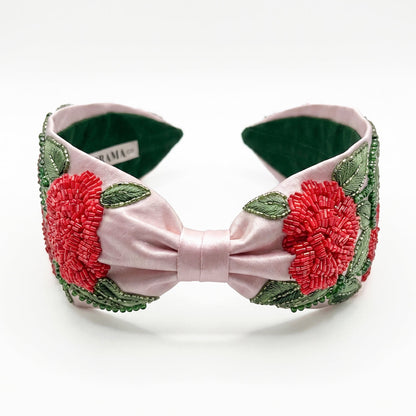 Embroidered rose knotted headband with hand-beaded pink and green florals - couture-inspired finish