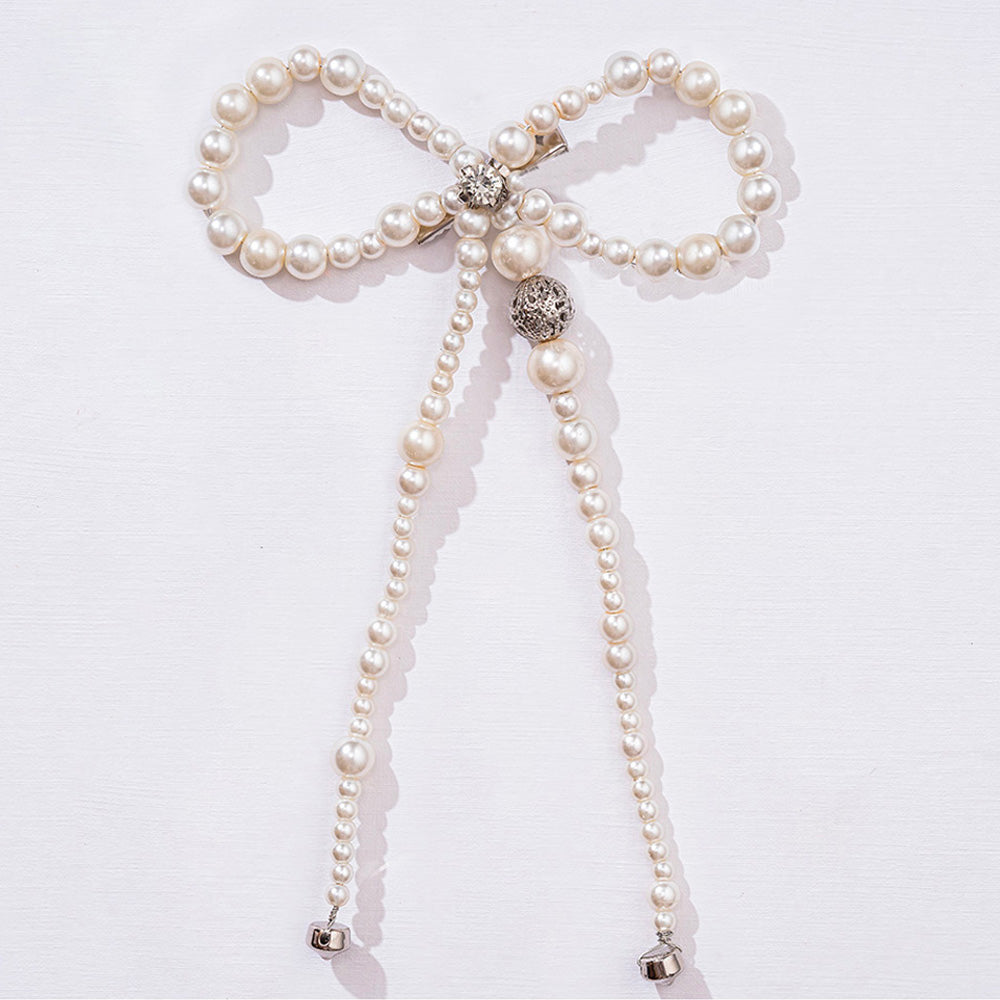 Presilha de cabelo com laço de pérolas e pedra prateada - Branco-creme