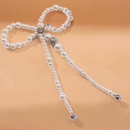 Presilha de cabelo com laço de pérolas e pedra prateada - Branco-creme