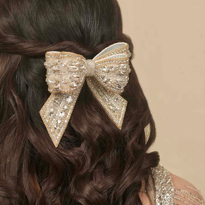 Embellished Crystal Hair Bow Barrette Clip - Gold & Silver