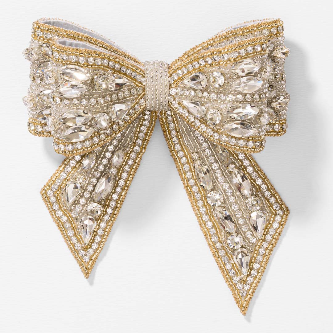 Embellished Crystal Hair Bow Barrette Clip - Gold & Silver
