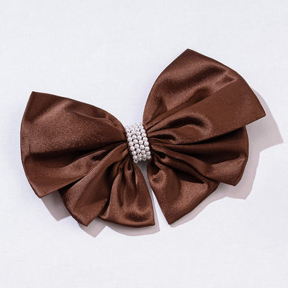 Satin Pearl Hair Bow Alligator Clip - Brown