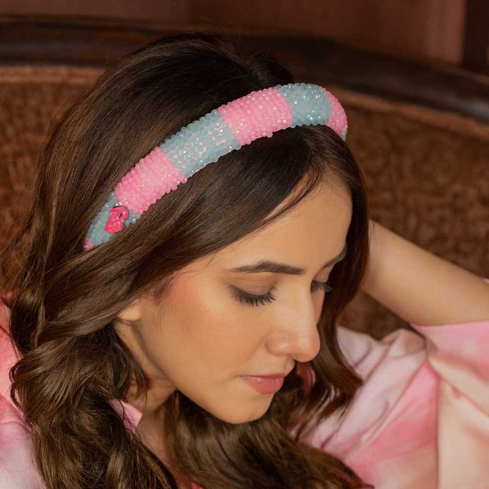 Fita de cabelo bordada Barbie - Rosa e Azul