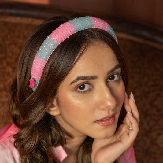 Fita de cabelo bordada Barbie - Rosa e Azul