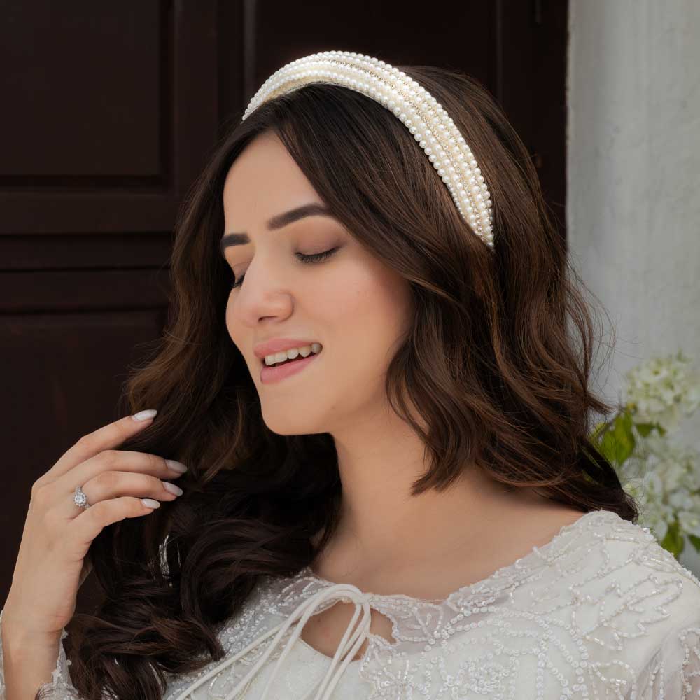 Pearls & Crystal Puff Hair Band - White