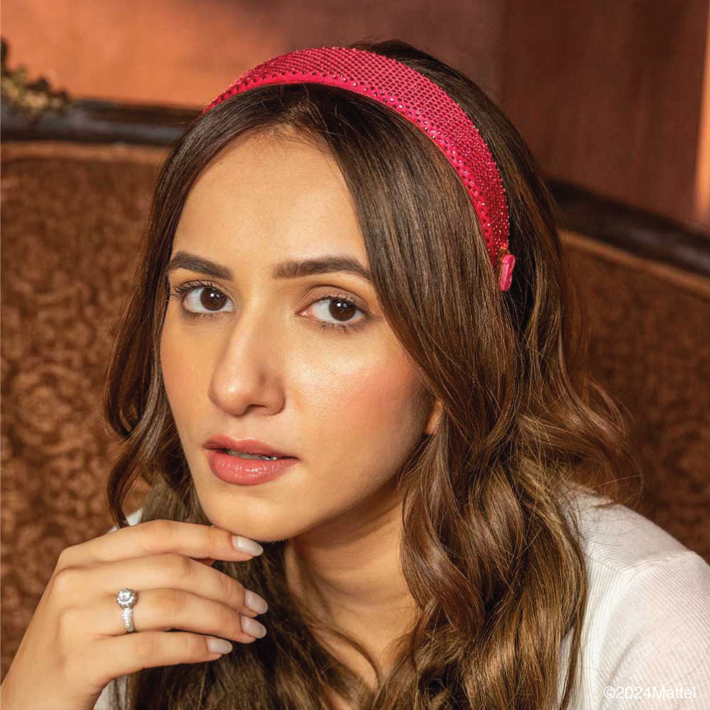 Fita de cabelo plana com strass e pendente da Barbie - Rosa choque