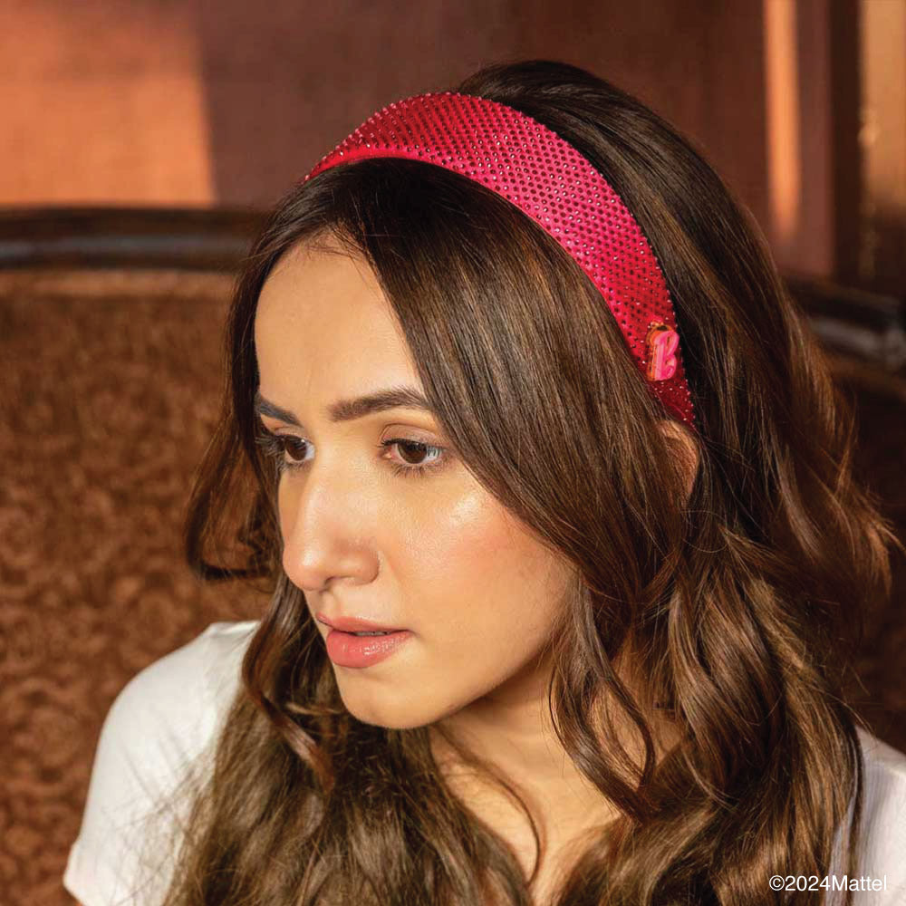 Fita de cabelo plana com strass e pendente da Barbie - Rosa choque