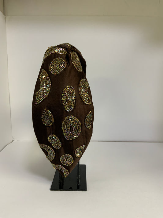 Spotted Gleam Beaded Knotted Headband - Dark Brown