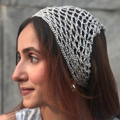 Bohemian crochet headscarf in silver zari with fine metallic shimmer and lightweight texture