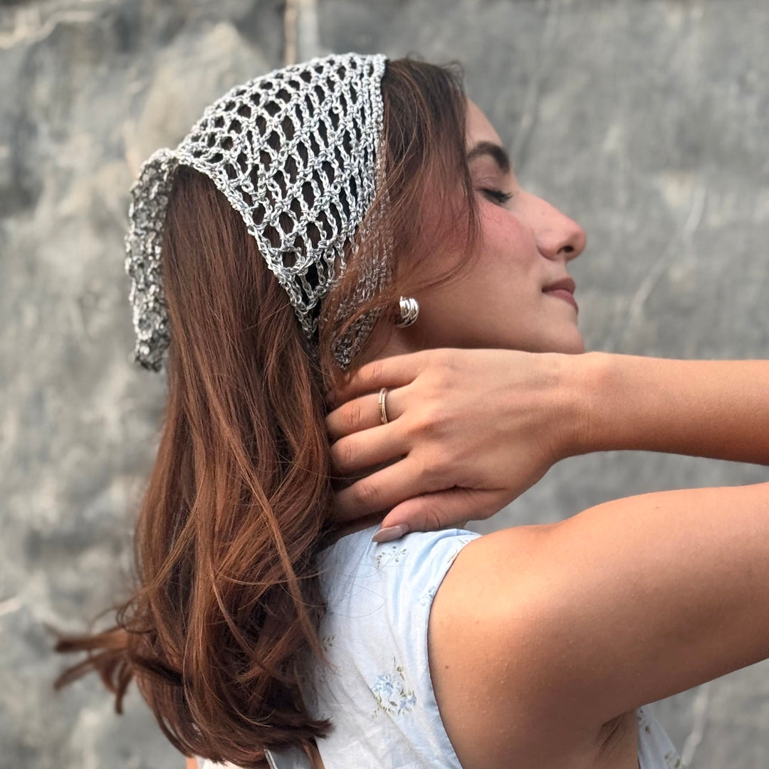 Lightweight silver crochet headscarf styled as bandana, hair wrap, or headwrap - small size