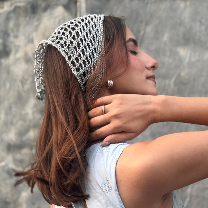 Lightweight silver crochet headscarf styled as bandana, hair wrap, or headwrap - small size