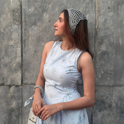 Festival-ready silver crochet headscarf - perfect for concerts, beach days, and summer outings