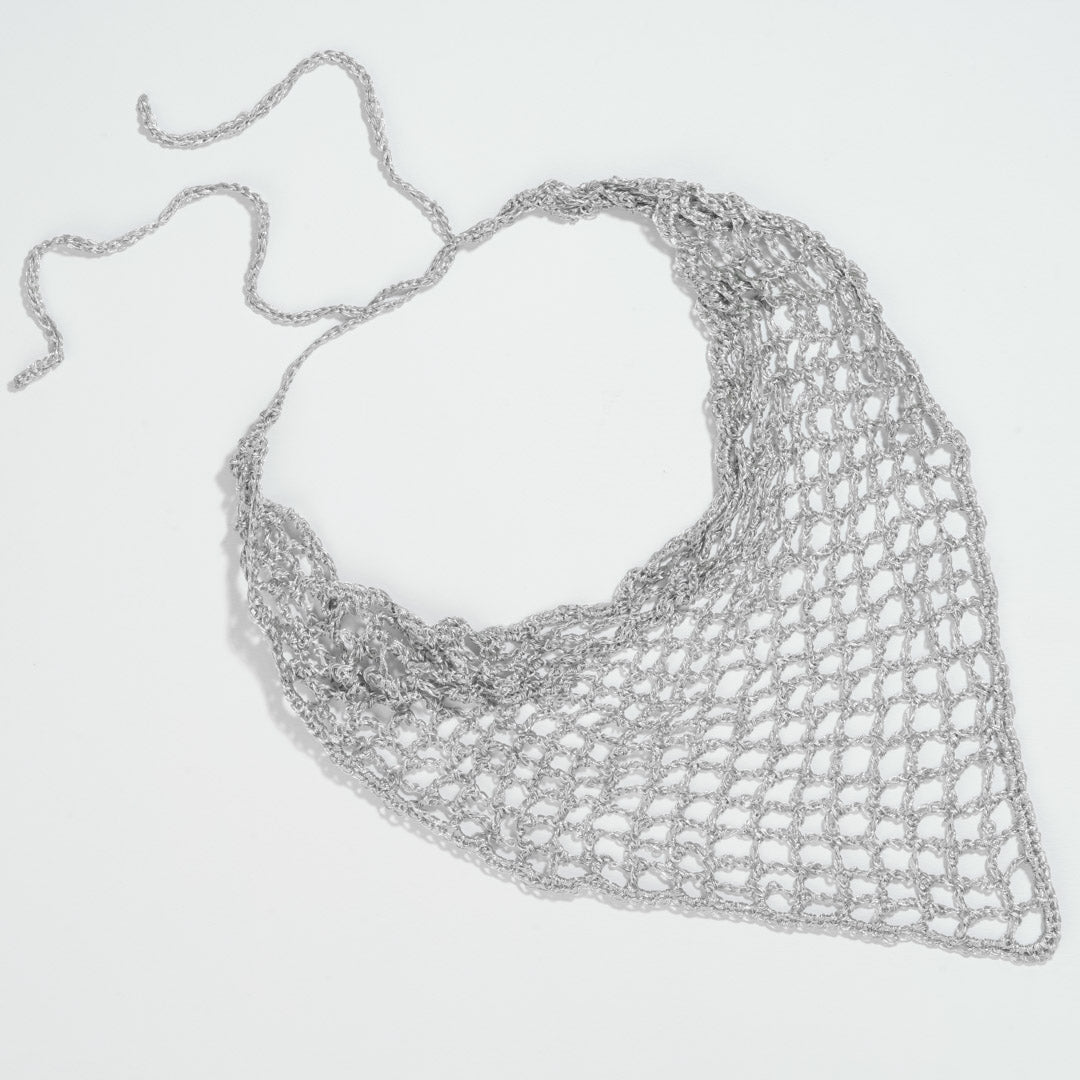 Fine silver crochet headscarf with lightweight feel and subtle shimmer for all-day comfort