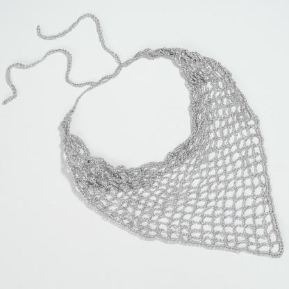 Fine silver crochet headscarf with lightweight feel and subtle shimmer for all-day comfort