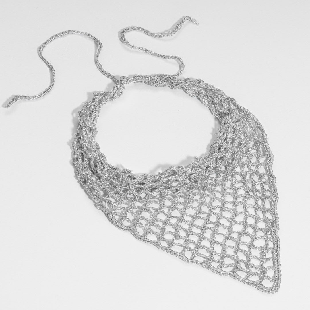Versatile bohemian silver crochet wrap - tie as bandana, headscarf, or hair accessory