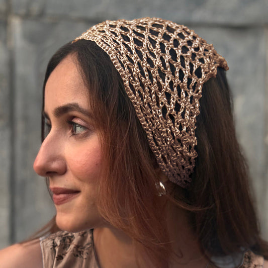 Bohemian crochet headscarf in dull gold zari with fine metallic warmth and soft texture