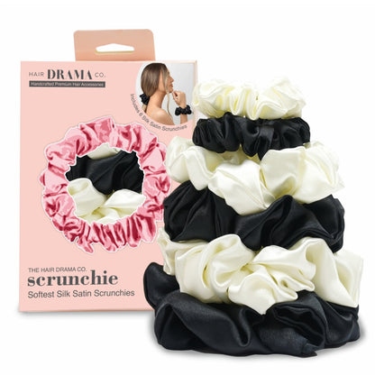 Black & White Silk Satin Scrunchies  - Set of 6