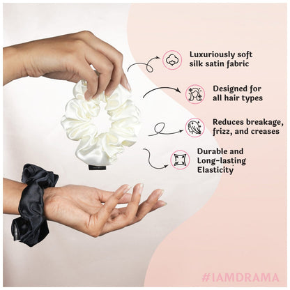 Black & White Silk Satin Scrunchies  - Set of 6