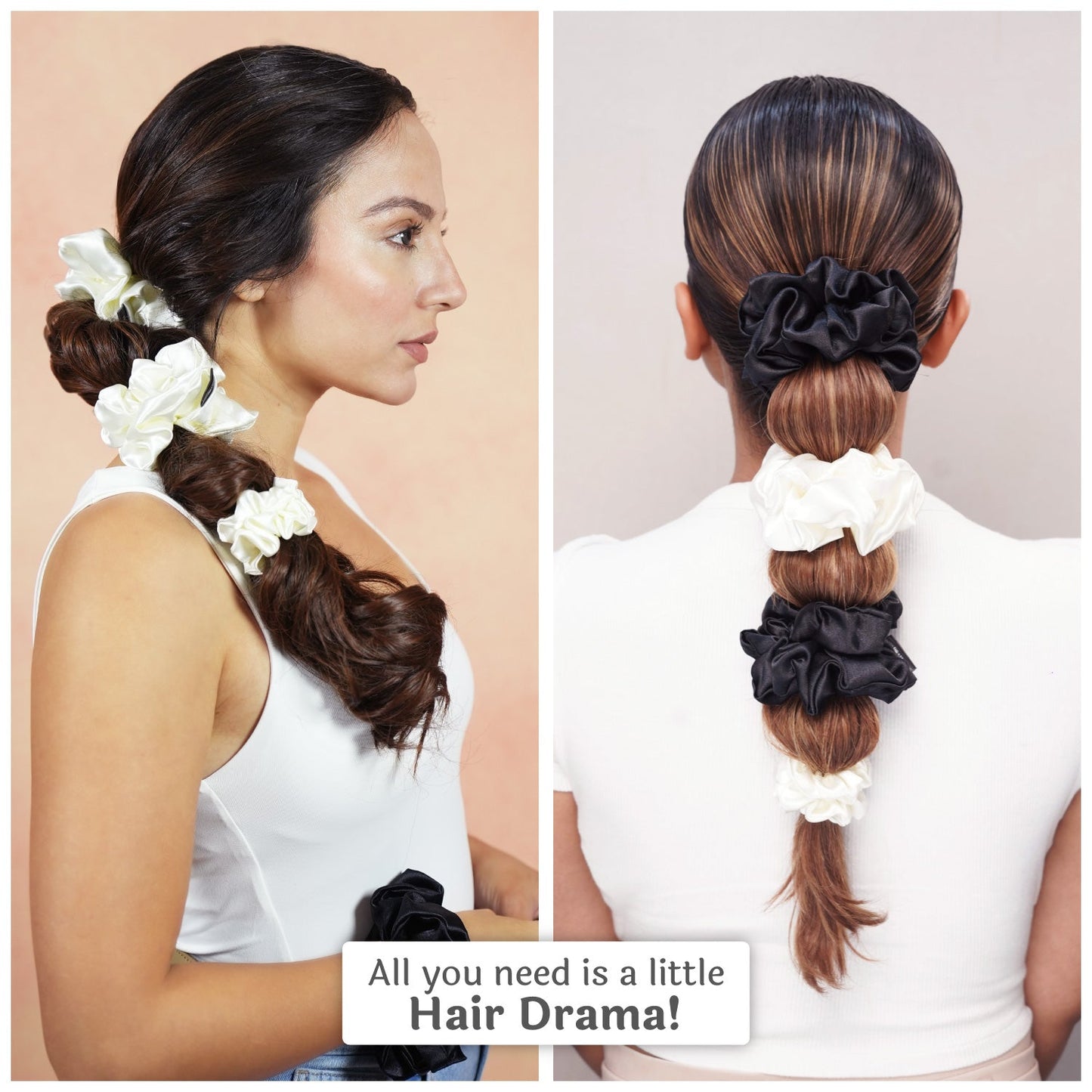 Black & White Silk Satin Scrunchies  - Set of 6