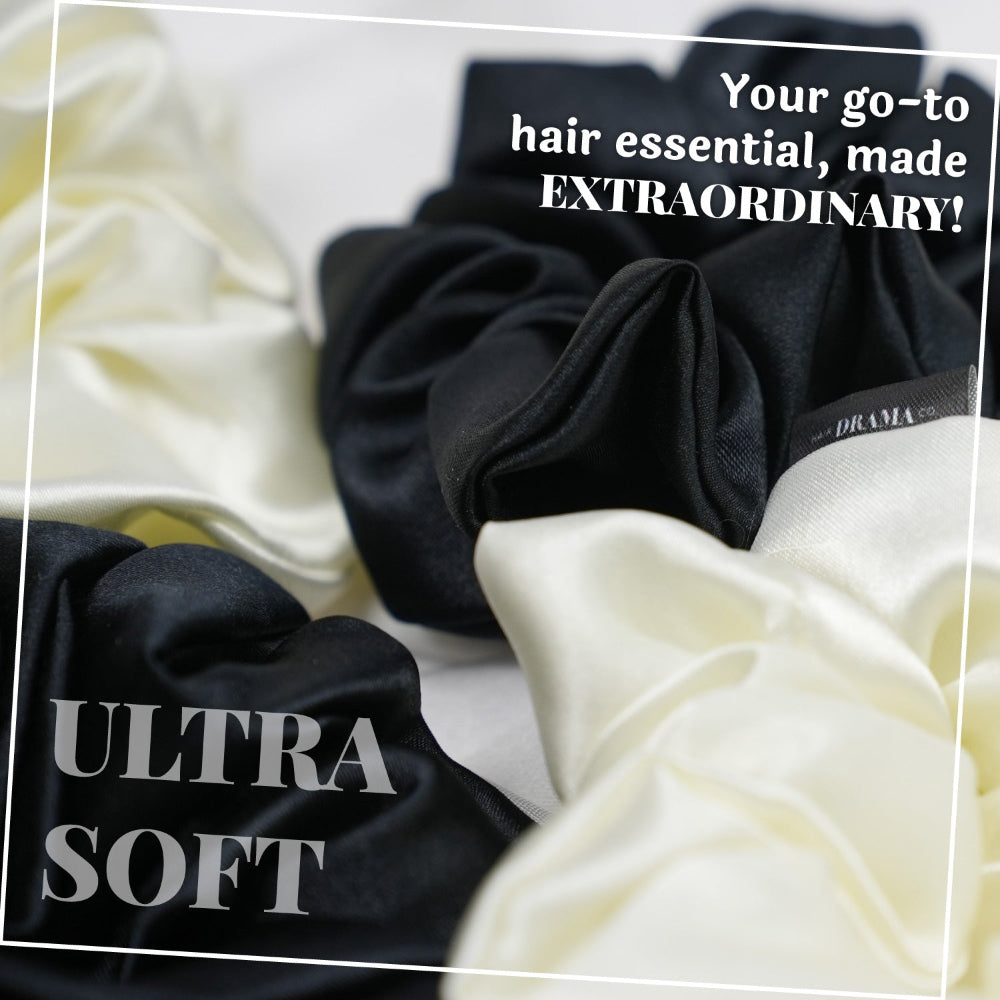 Black & White Silk Satin Scrunchies  - Set of 6