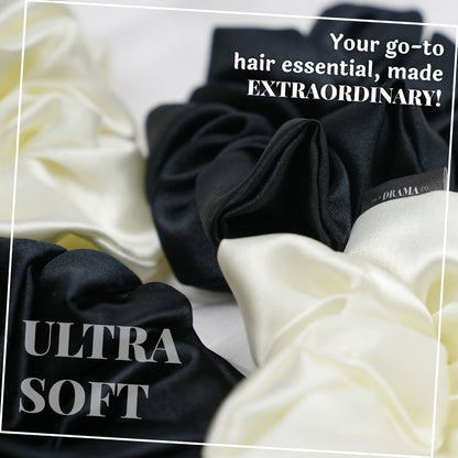 Black & White Silk Satin Scrunchies  - Set of 6