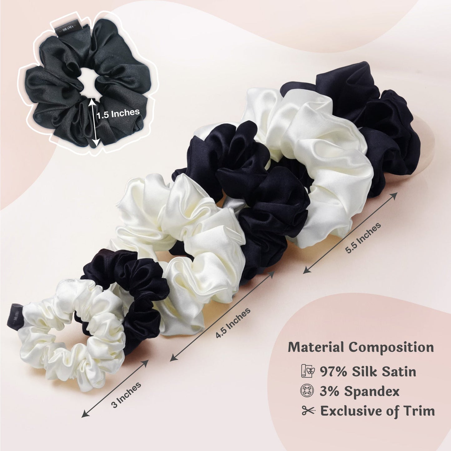 Black & White Silk Satin Scrunchies  - Set of 6