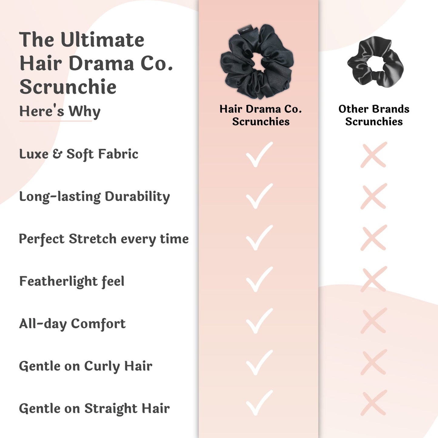 Black & White Silk Satin Scrunchies  - Set of 6