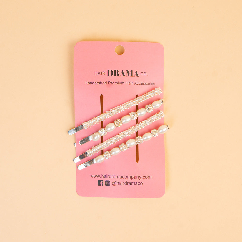 Gancho de cabelo com pérolas e cristais - Conjunto de 4 - Branco-creme