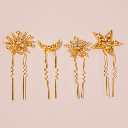 Presilhas de cabelo em forma de U com cristais em forma de estrela e lua - Conjunto de 4 - Douradas