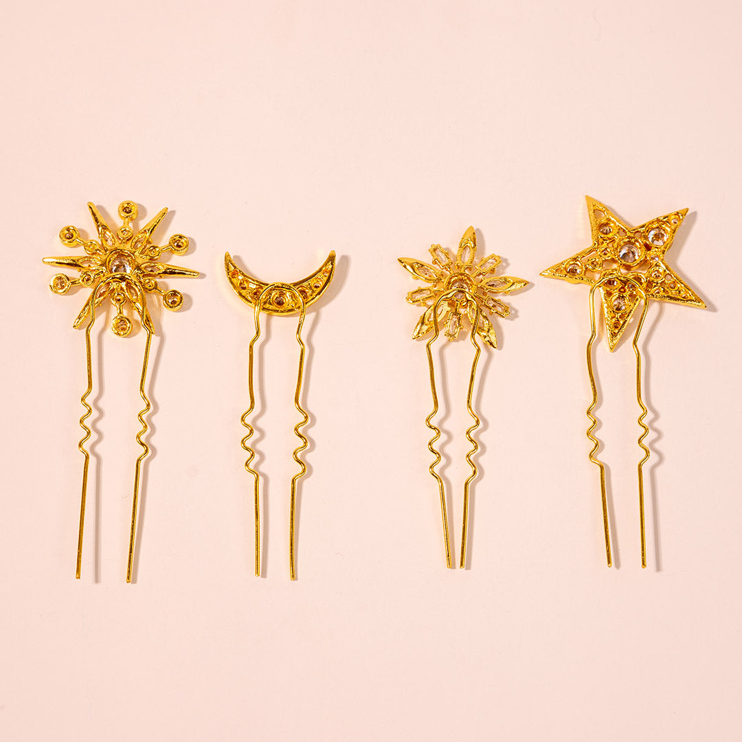Presilhas de cabelo em forma de U com cristais em forma de estrela e lua - Conjunto de 4 - Douradas