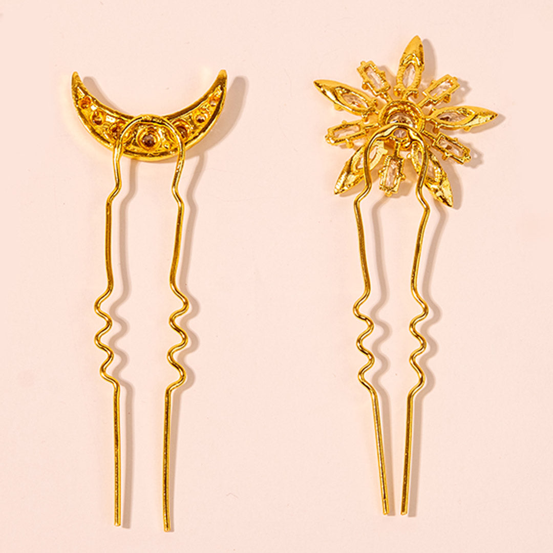 Presilhas de cabelo em forma de U com cristais em forma de estrela e lua - Conjunto de 4 - Douradas
