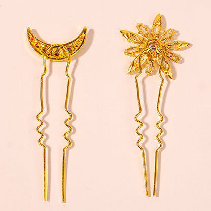 Presilhas de cabelo em forma de U com cristais em forma de estrela e lua - Conjunto de 4 - Douradas
