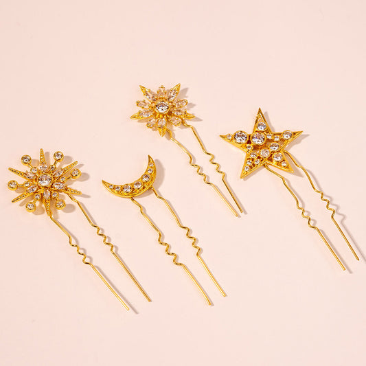 Presilhas de cabelo em forma de U com cristais em forma de estrela e lua - Conjunto de 4 - Douradas
