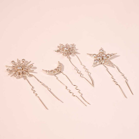 Presilhas de cabelo em forma de U com cristais em forma de estrela e lua - Conjunto de 4 - Prateadas