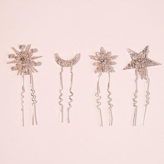 Presilhas de cabelo em forma de U com cristais em forma de estrela e lua - Conjunto de 4 - Prateadas