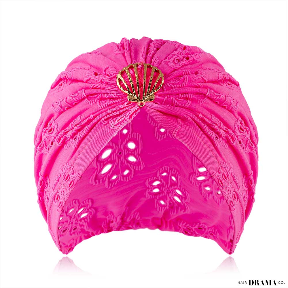 Hot Pink Cutwork Turban with Shell Metal Broach