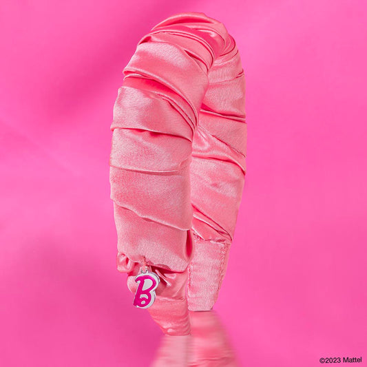 Fita de cabelo Barbie com folhos em cetim e pendente Barbie - Rosa