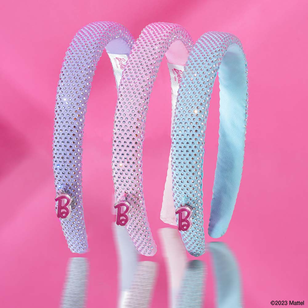 Conjunto de 3 fitas para o cabelo Barbie com strass e pendente da Barbie - Rosa, Azul e Lilás