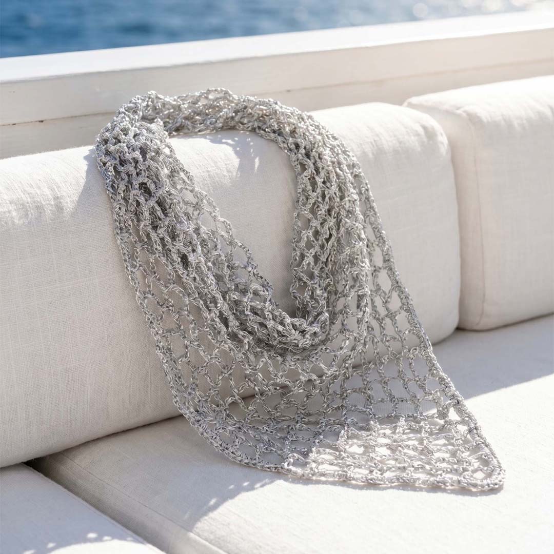 Fine zari crochet bohemian headscarf in silver - lightweight, versatile bandana for styling